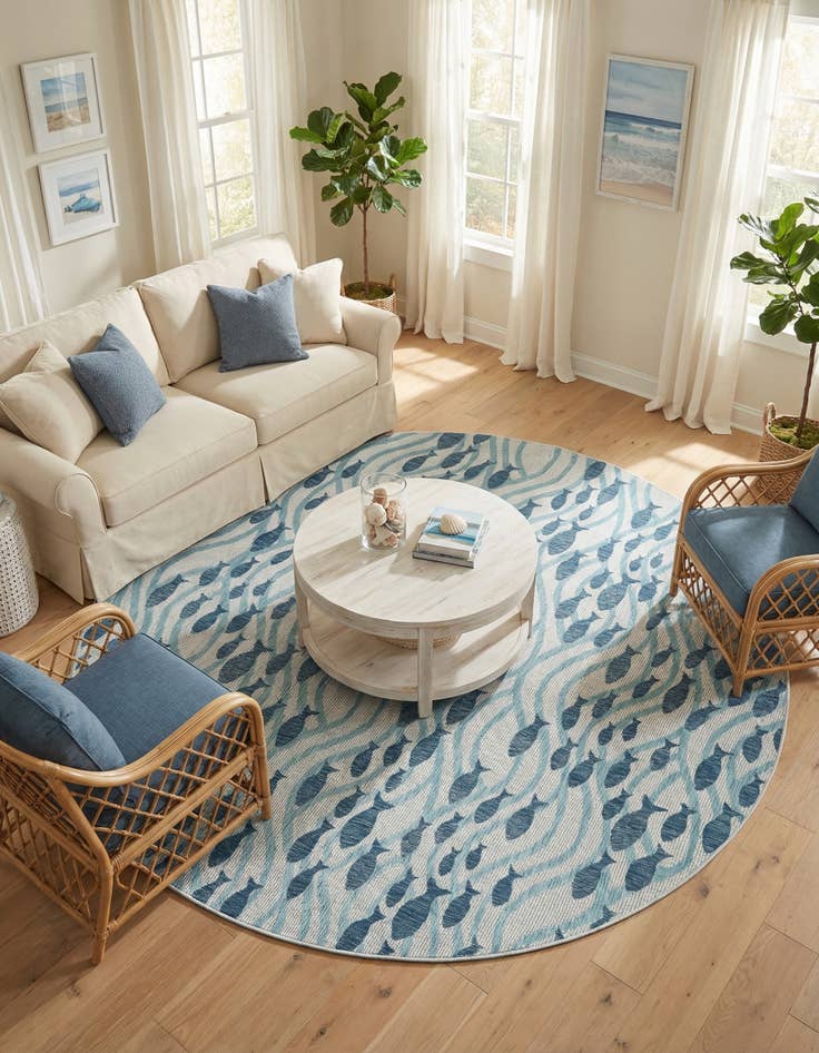 Detail image of  10' x 10'  Washable Coastal Indoor / Outdoor Round Rug