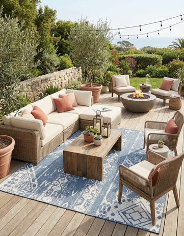 Blue Easy-Clean Bohemian Indoor / Outdoor Square Rug