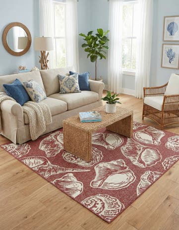 Rust Red and Ivory Easy-Clean Coastal Indoor / Outdoor Square Rug