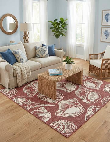 Rust Red and Ivory Easy-Clean Coastal Indoor / Outdoor Square Rug