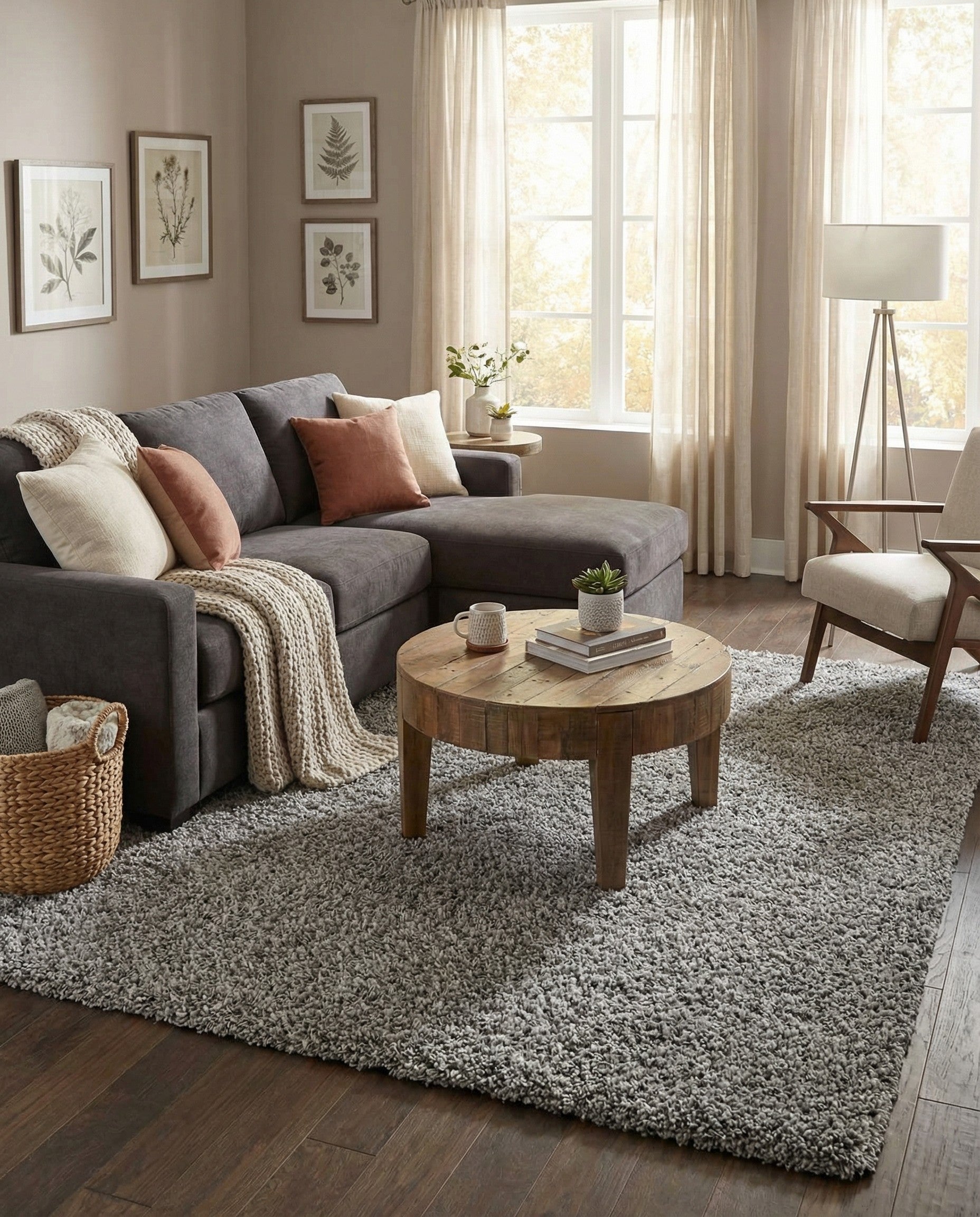 A 7x10 rectangular gray shag rug with a soft, textured pile, perfect for a modern living room or bedroom.