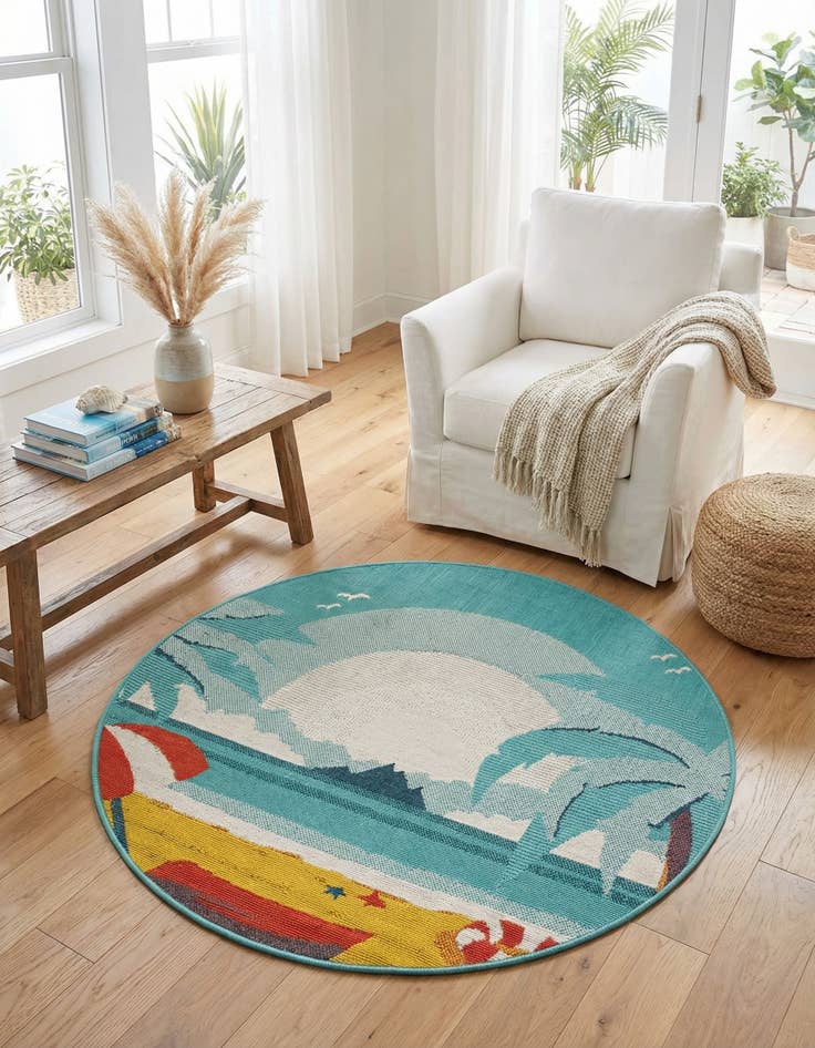 Detail image of 4' x 4'  Washable Coastal Indoor / Outdoor Round Rug