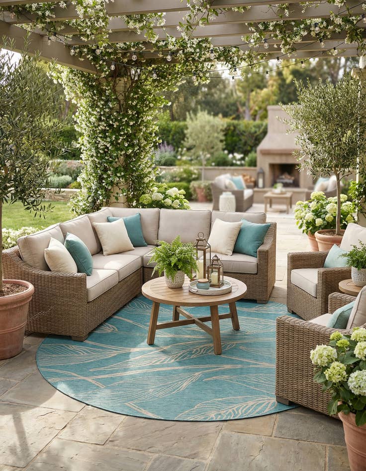 Detail image of  13' x 13'  Washable Botanical Indoor / Outdoor Round Rug