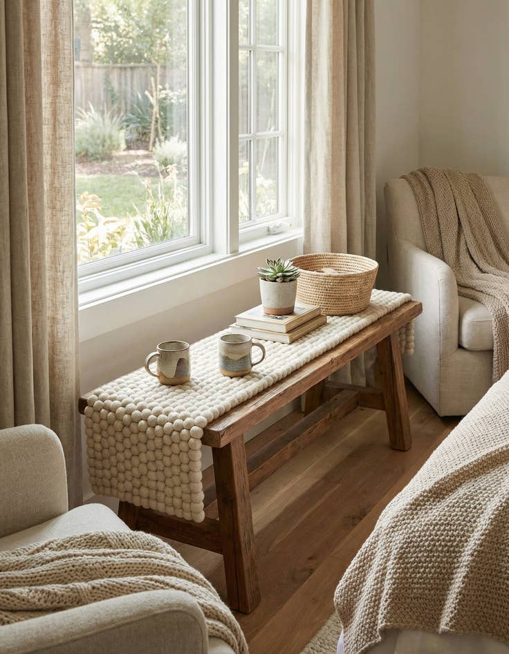 Detail image of 1' 2 x 6' 1  Hand Woven Felt Ball Wool Table Runner Rug