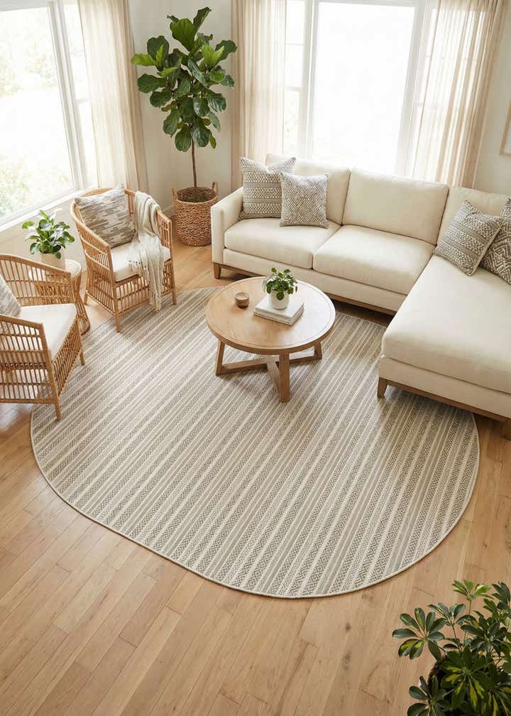 7' 10 x 10' Easy-Clean Striped Indoor / Outdoor Oval Rug