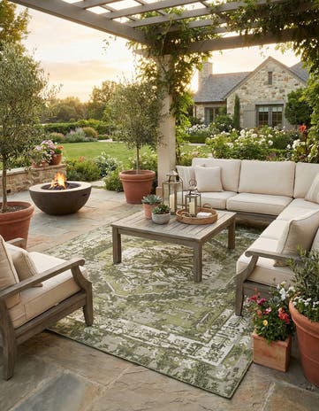 Green Easy-Clean Traditional Indoor / Outdoor Square Rug