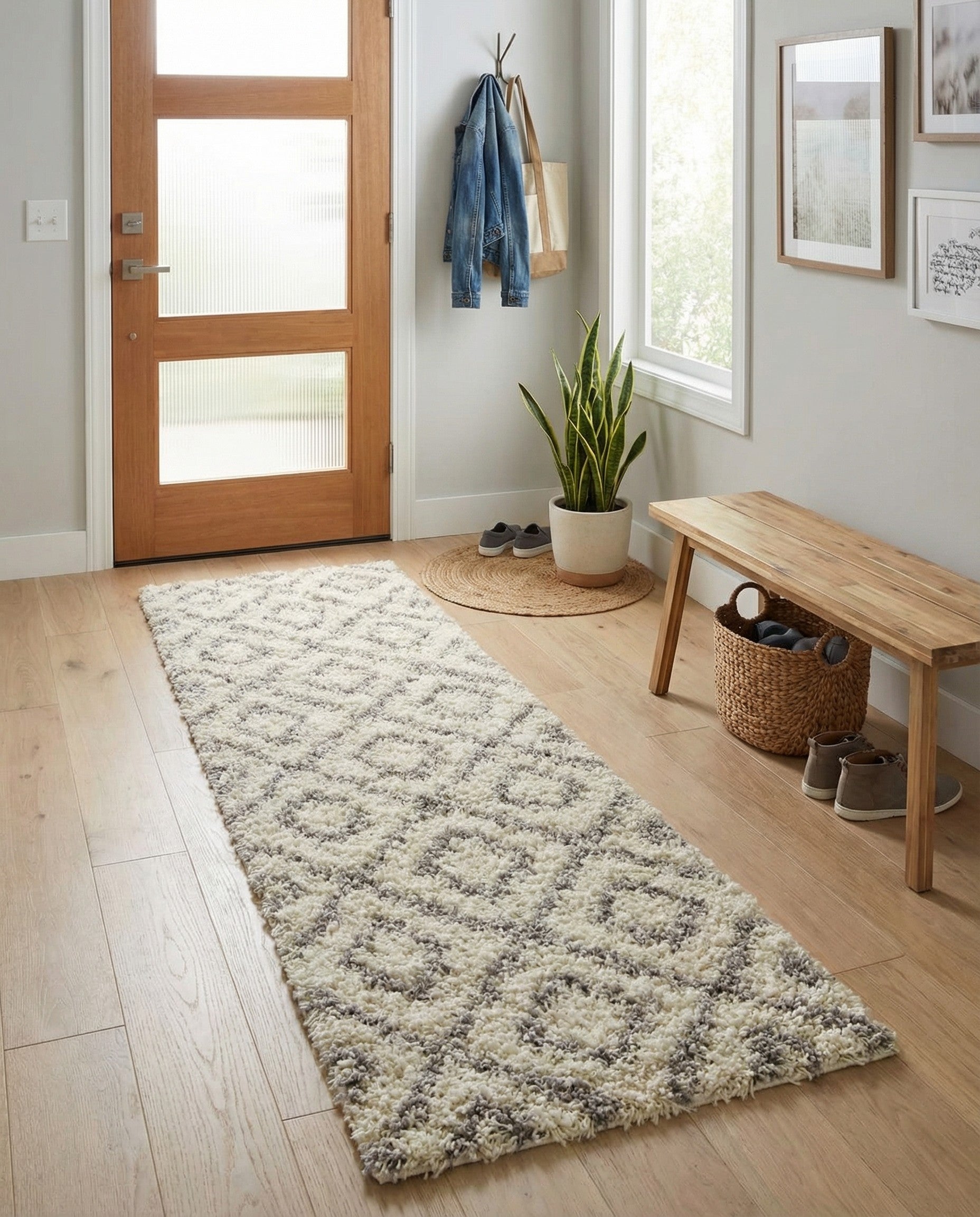 A 6 ft runner rug with a high-low textured pile, featuring an ivory background and a modern gray geometric lattice pattern.