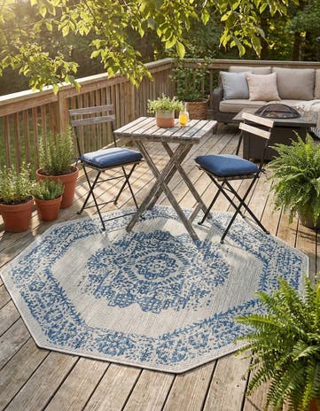 Blue Easy-Clean Traditional Indoor / Outdoor Octagon Rug