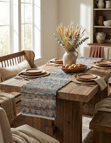 Navy Blue Hand Woven Chindi Jute Table Runner Rug