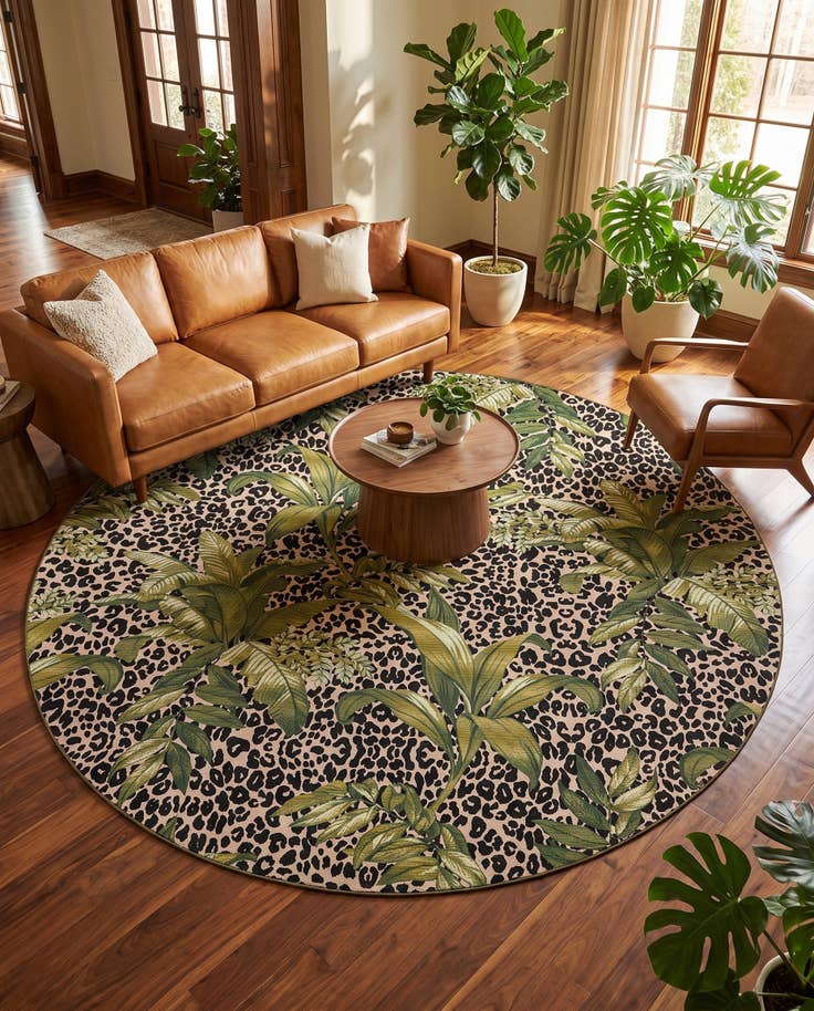 Detailfoto van 365cm x 365cm Makkelijk schoon te maken Botanical Binnen / buiten Rond Vloerkleed