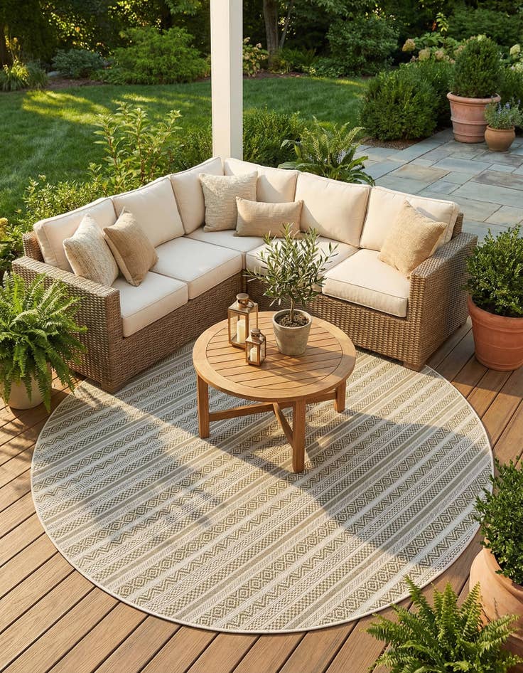 Detail image of 7' 10 x 7' 10 Easy-Clean Striped Indoor / Outdoor Round Rug