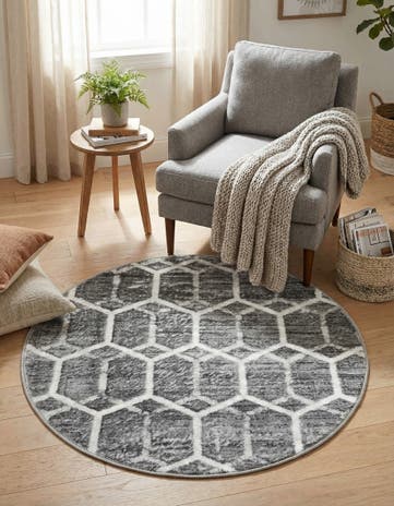 Grey Lattice Trellis Round Rug