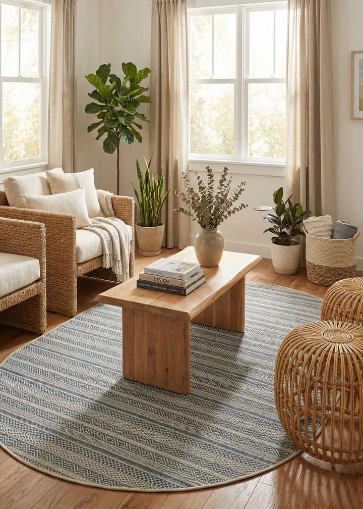 5' 3 x 8' Easy-Clean Striped Indoor / Outdoor Oval Rug