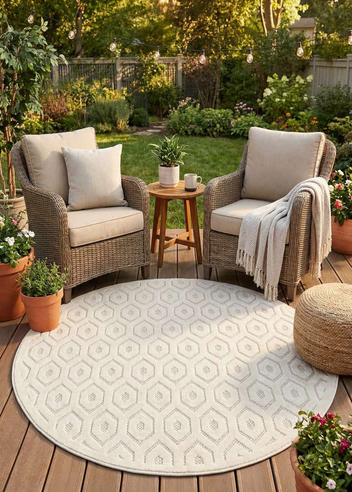 5' 3 x 5' 3 Easy-Clean Trellis Textured Indoor / Outdoor Round Rug