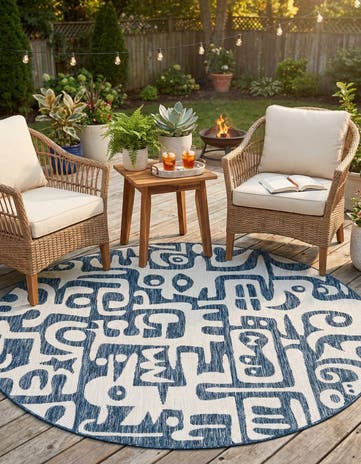 Blue Easy-Clean Modern Indoor / Outdoor Round Rug