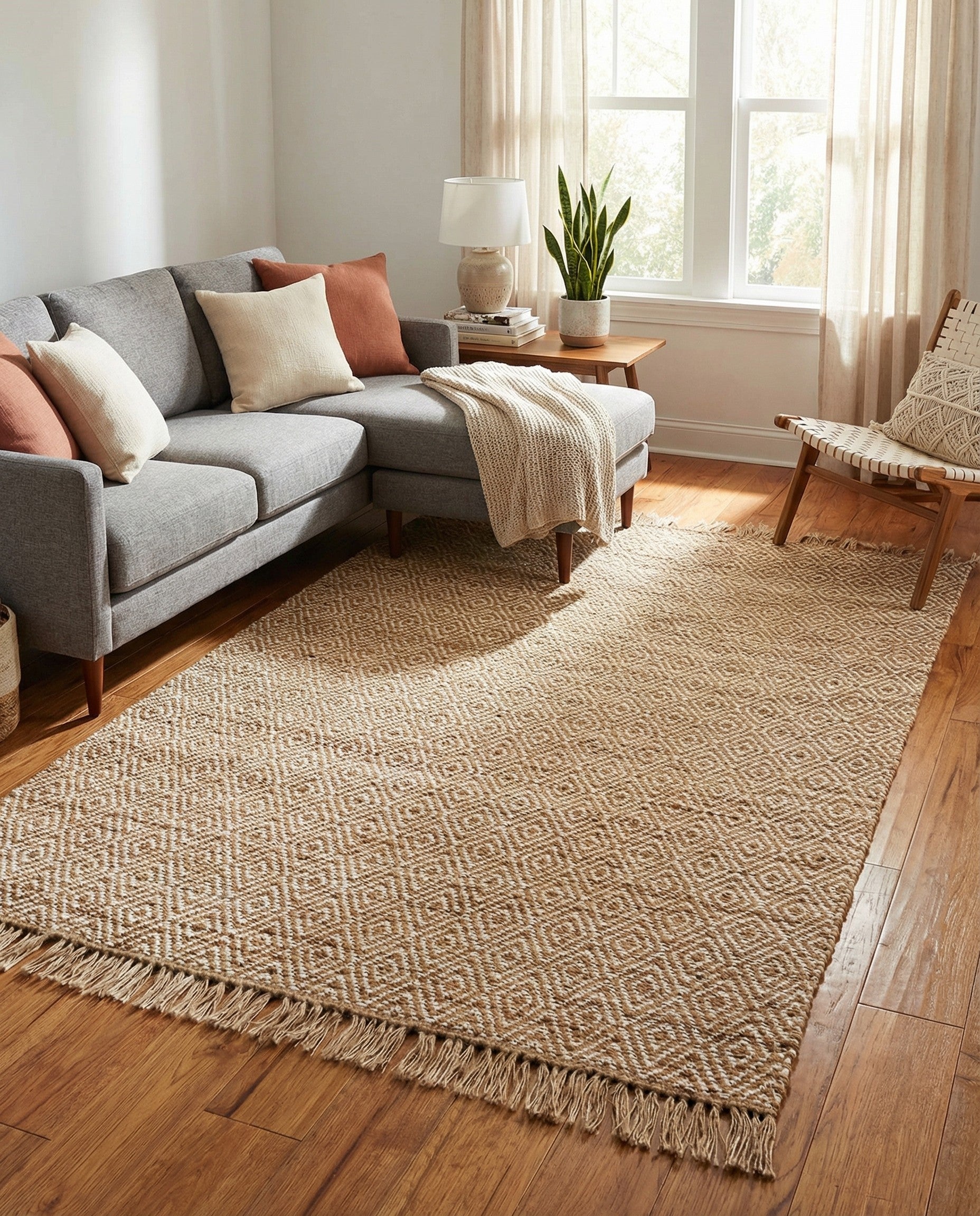 A 6x9 rectangular natural jute and cotton rug with a diamond pattern in brown and ivory, featuring fringed edges.