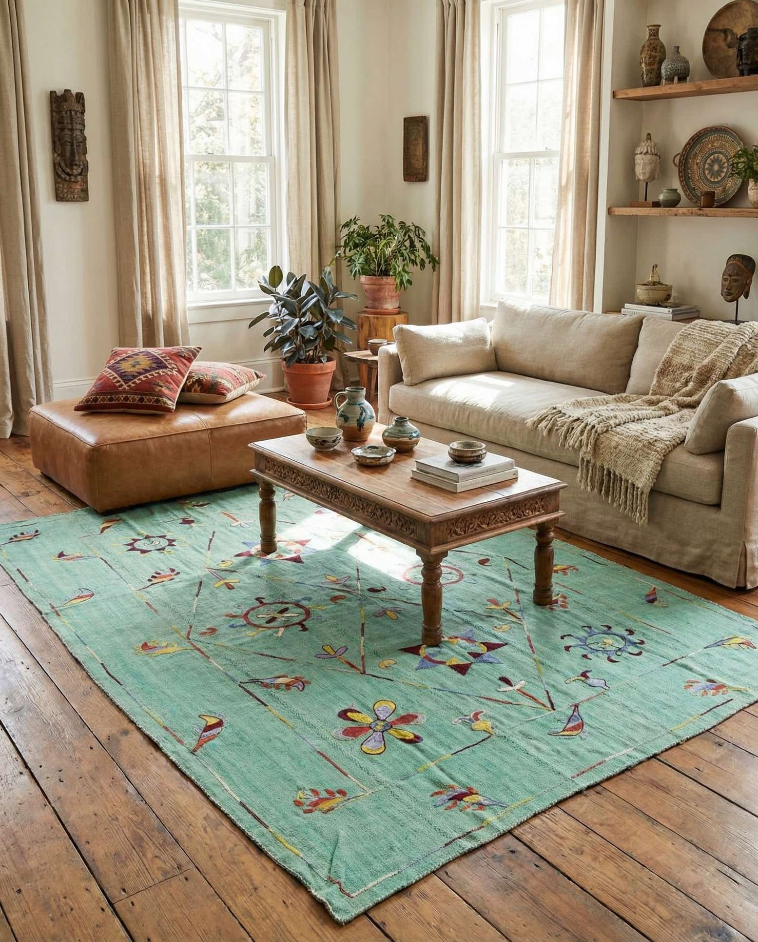 5' 8 x 7' 4 Hand Woven Kilim Suzani Wool Rug