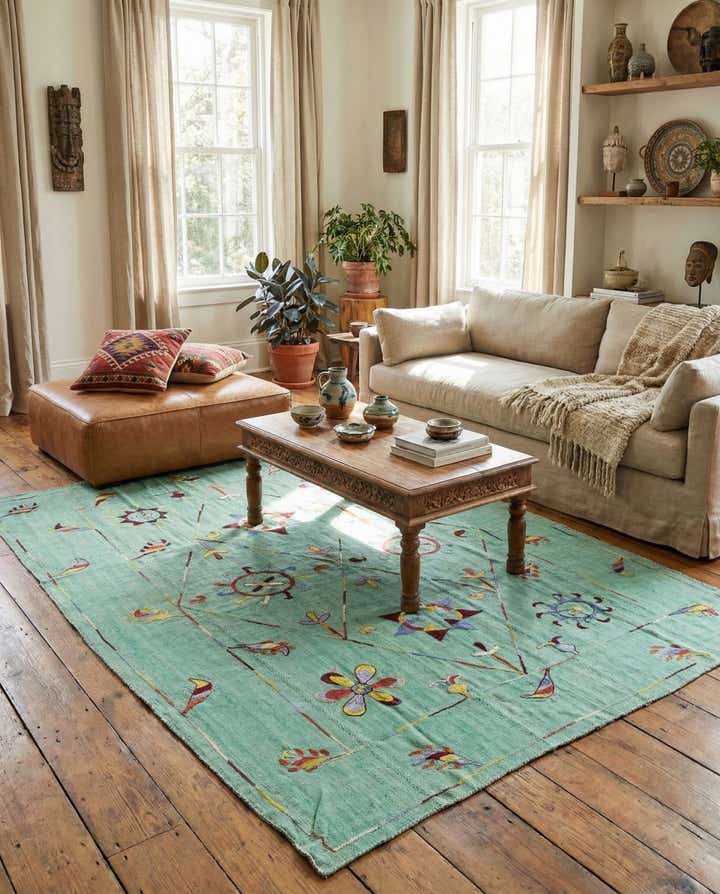 5' 8 x 7' 4 Hand Woven Kilim Suzani Wool Rug
