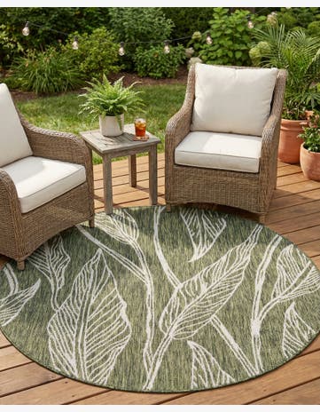 Green Easy-Clean Botanical Indoor / Outdoor Round Rug
