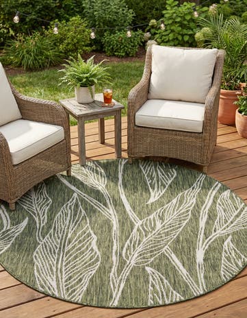 Green Easy-Clean Botanical Indoor / Outdoor Round Rug