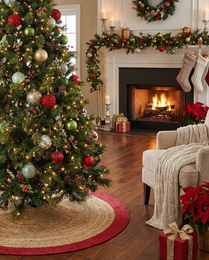 Detail image of 6' 1 x 6' 1 Hand Braided Christmas Tree Skirt