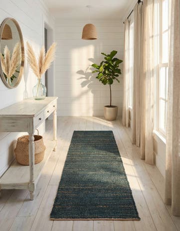 Ocean Blue Hand Woven Palm Beach Jute Runner Rug
