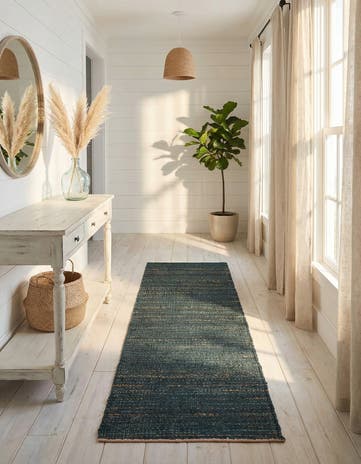 Ocean Blue Hand Woven Palm Beach Jute Runner Rug