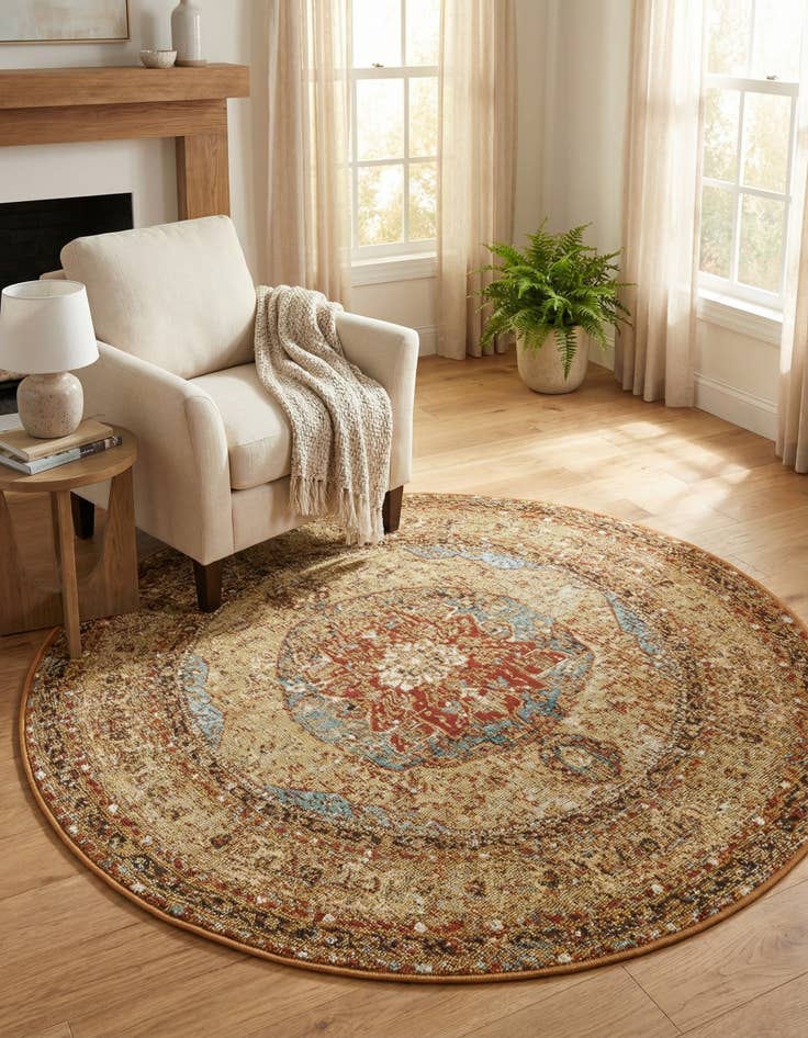 Detail image of 4' x 4'  Washable Traditional Indoor / Outdoor Round Rug