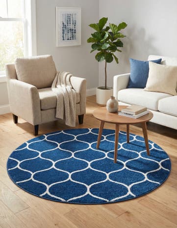 Navy Blue Lattice Frieze Round Rug