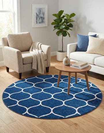 Navy Blue Lattice Frieze Round Rug