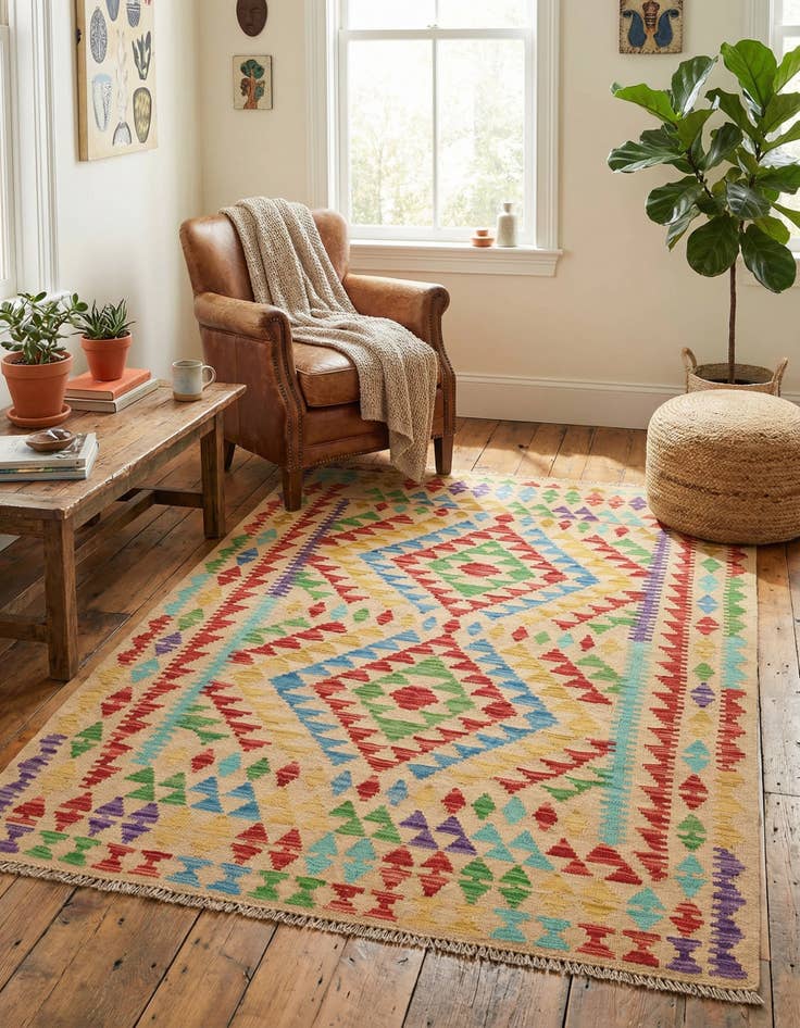 Detail image of  3' 10 x 5' 7  Hand Woven Kilim Maymana Wool Rug