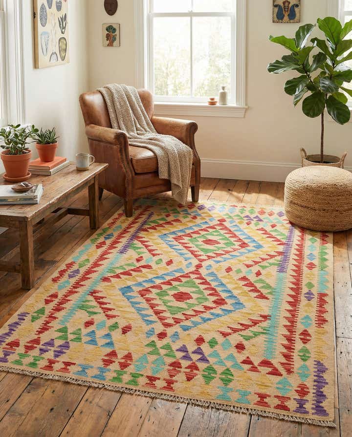 3' 10 x 5' 7 Hand Woven Kilim Maymana Wool Rug