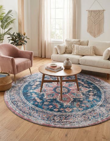 Navy Blue Washable Yara Round Rug