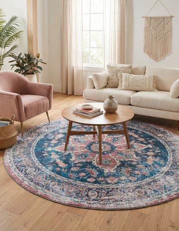Navy Blue Washable Yara Round Rug