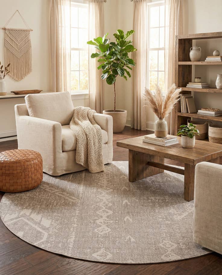 Detail image of 7' 10 x 7' 10 Easy-Clean Bohemian Indoor / Outdoor Round Rug