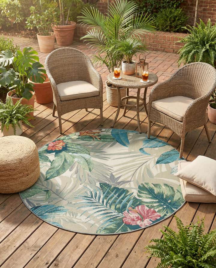 4' x 4' Easy-Clean Botanical Indoor / Outdoor Round Rug
