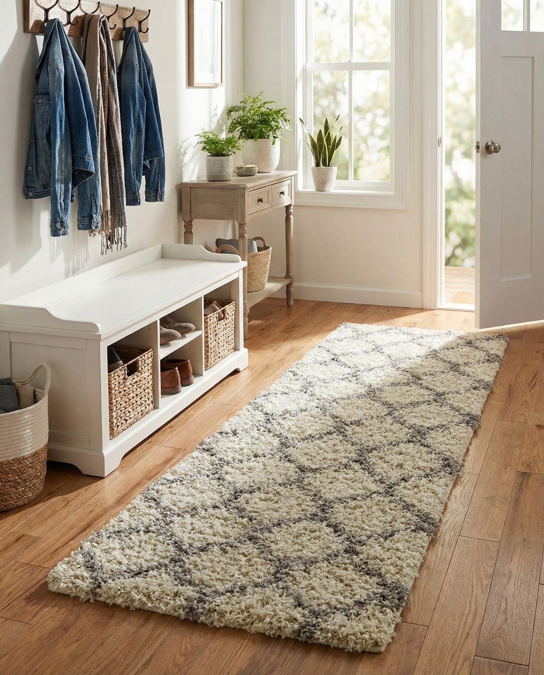 A 6 ft runner rug featuring a high-low textured pile in ivory with a gray modern trellis pattern, ideal for hallways.