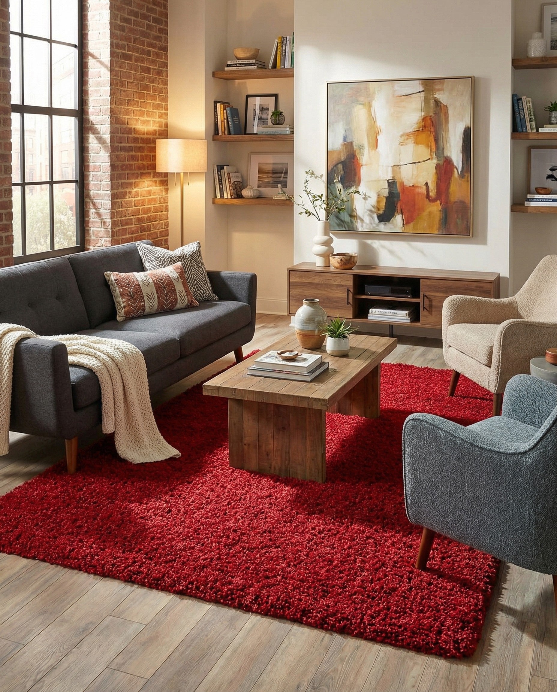 A vibrant 7x10 rectangular red shag rug with a plush, textured pile, ideal for a modern living room or bedroom.