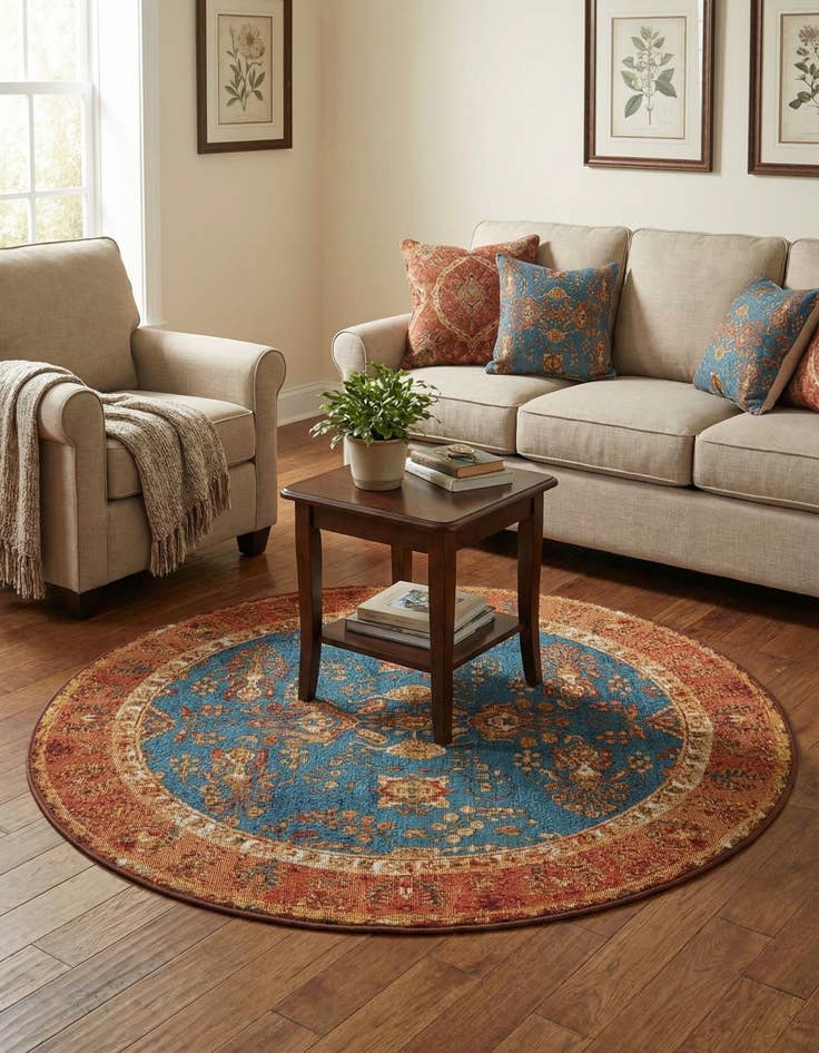 Detail image of 4' x 4' Easy-Clean Traditional Indoor / Outdoor Round Rug