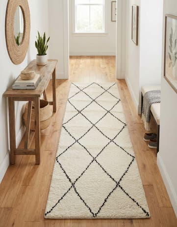Ivory and Black Hand Knotted Safiya Moroccan Wool Runner Rug