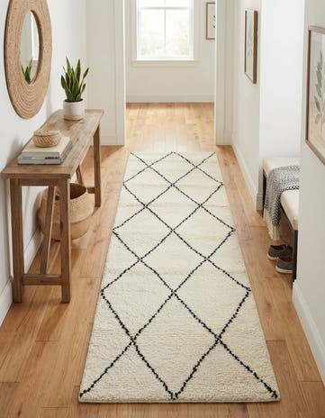 Ivory and Black Hand Knotted Safiya Moroccan Wool Runner Rug