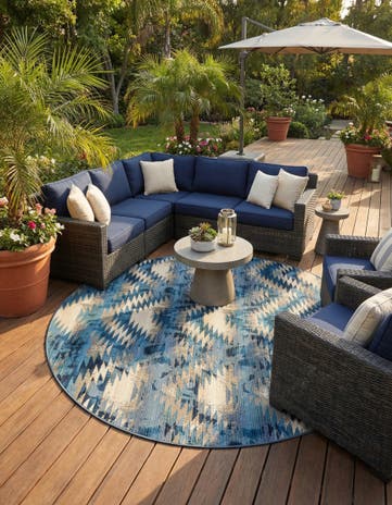 Blue Easy-Clean Modern Indoor / Outdoor Round Rug