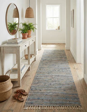 Blue Hand Woven Chindi Jute Runner Rug