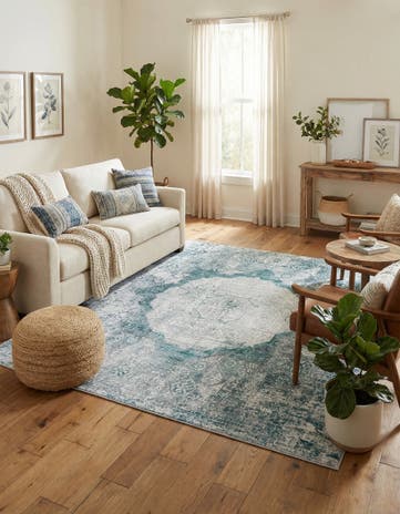 Teal Ivory Washable Yara Square Rug