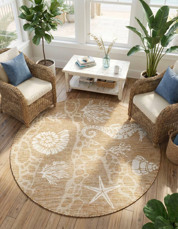 Detail image of 5' 3 x 5' 3  Washable Coastal Indoor / Outdoor Round Rug