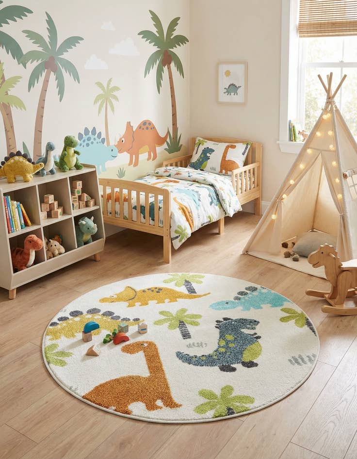 Detail image of 3' 3 x 3' 3 Dinosaur Whimsy Kids Round Rug