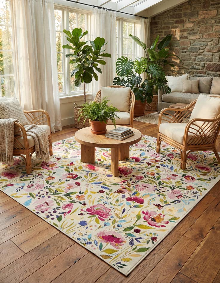 Detail image of  7' 10 x 7' 10  Washable Botanical Indoor / Outdoor Square Rug