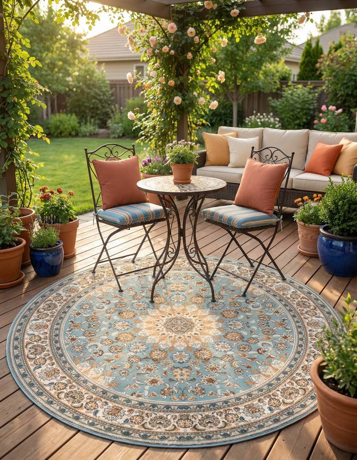 Detail image of 7' 10 x 7' 10 Easy-Clean Traditional Indoor / Outdoor Round Rug