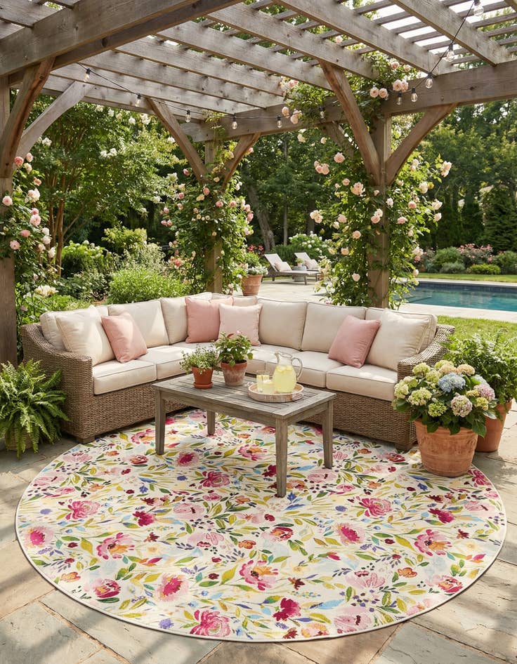 Detail image of 10' x 10' Easy-Clean Botanical Indoor / Outdoor Round Rug
