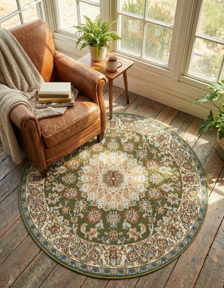 Detail image of 3' 3 x 3' 3  Washable Traditional Indoor / Outdoor Round Rug